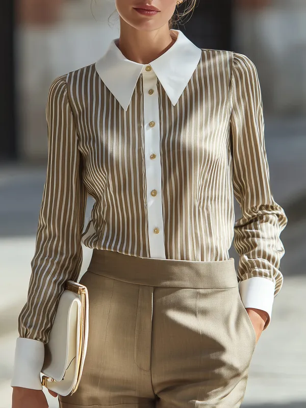 Long Sleeve Contrast Collar Striped Blouse made by Mooyius