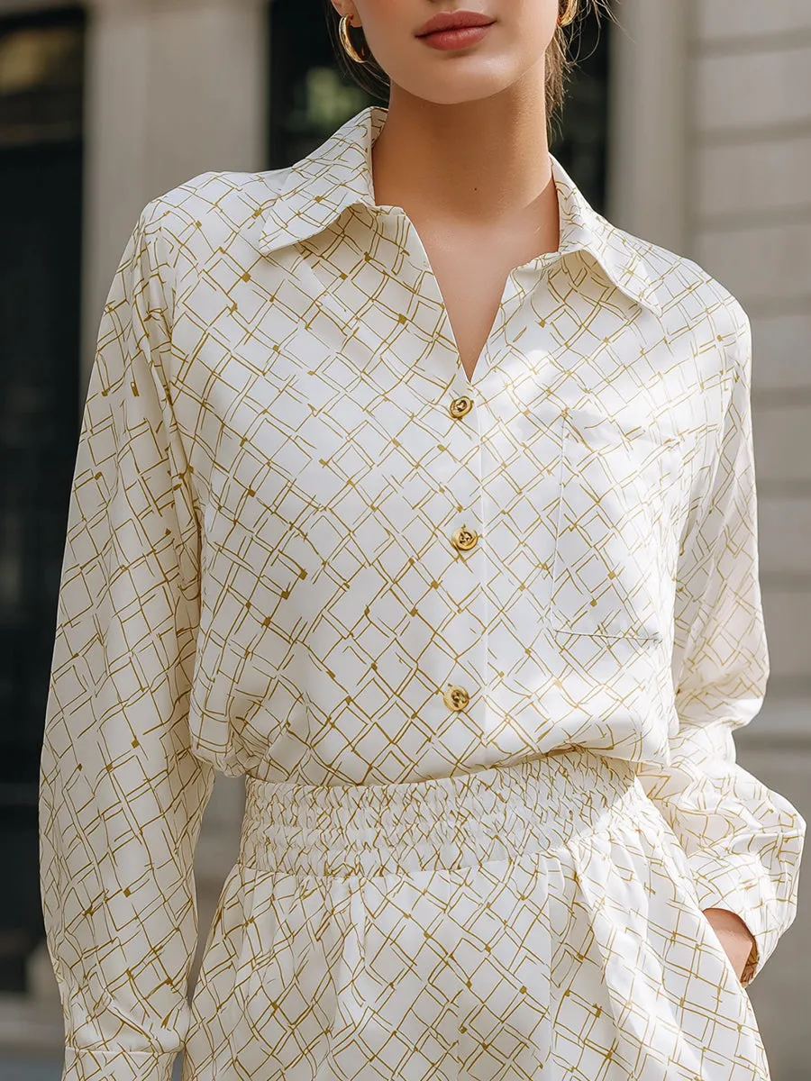 Long Sleeve Printed Shirt And Elastic Waist Shorts Set sold by Mooyius product image thumbnail 3