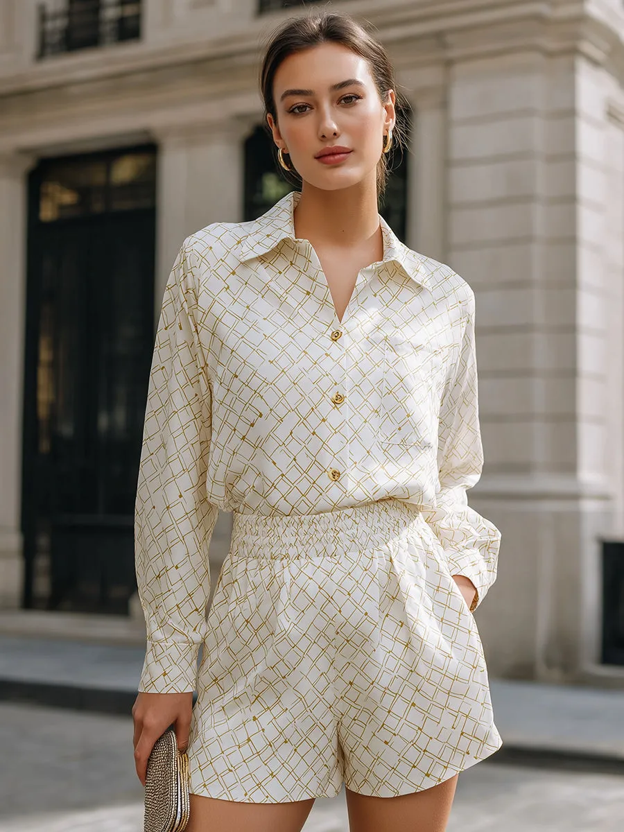 Long Sleeve Printed Shirt And Elastic Waist Shorts Set sold by Mooyius product image thumbnail 2