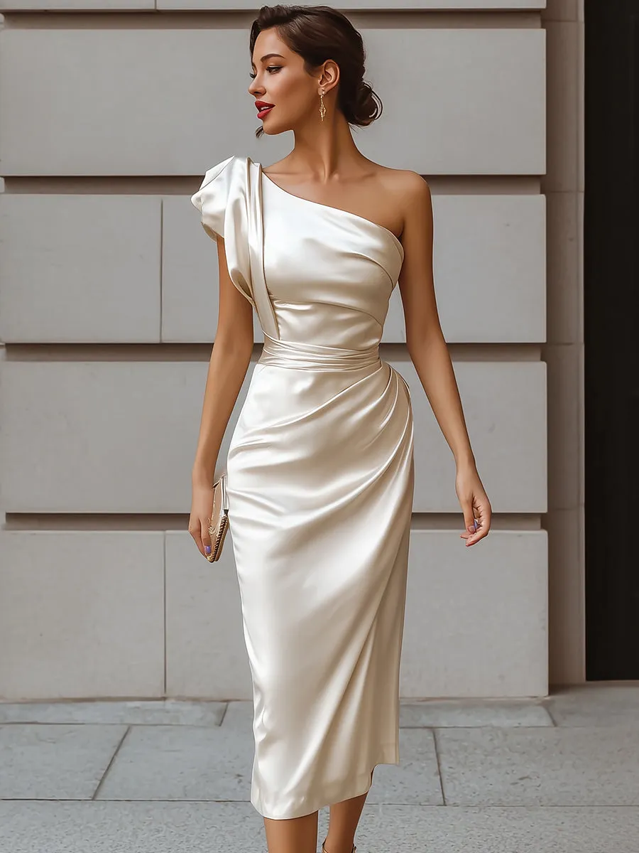 Elegant One-Shoulder Satin Midi Dress sold by Mooyius product image thumbnail 2