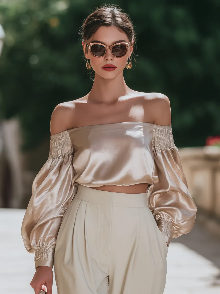 Silk-Feel Off-Shoulder Blouse With Smocked Sleeves sold by Mooyius product image thumbnail 2