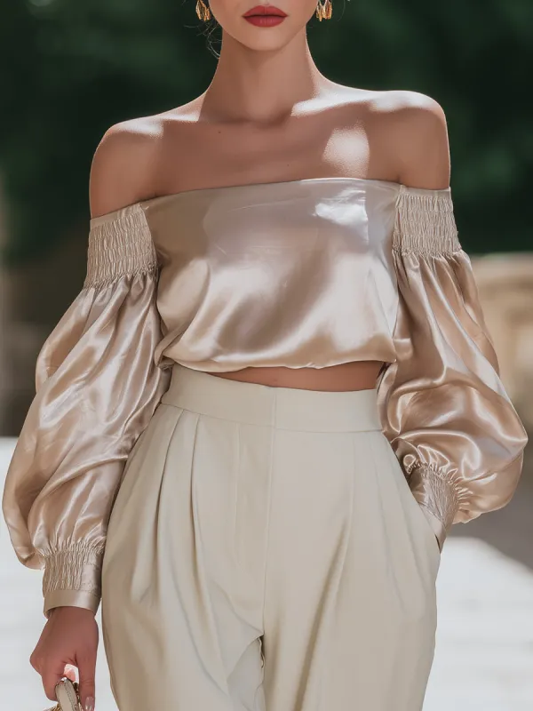Silk-Feel Off-Shoulder Blouse With Smocked Sleeves made by Mooyius