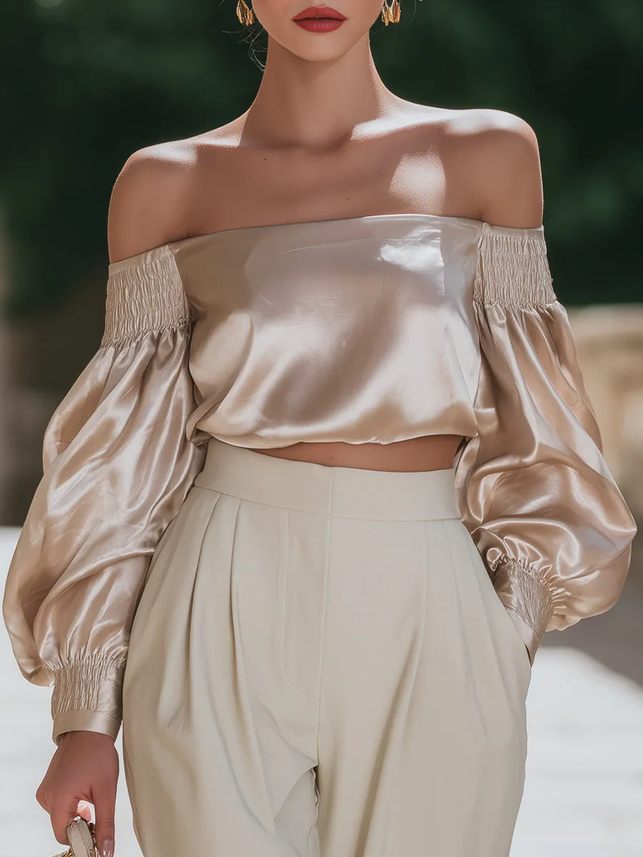 Silk-Feel Off-Shoulder Blouse With Smocked Sleeves sold by Mooyius