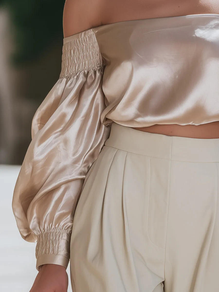 Silk-Feel Off-Shoulder Blouse With Smocked Sleeves sold by Mooyius product image thumbnail 4
