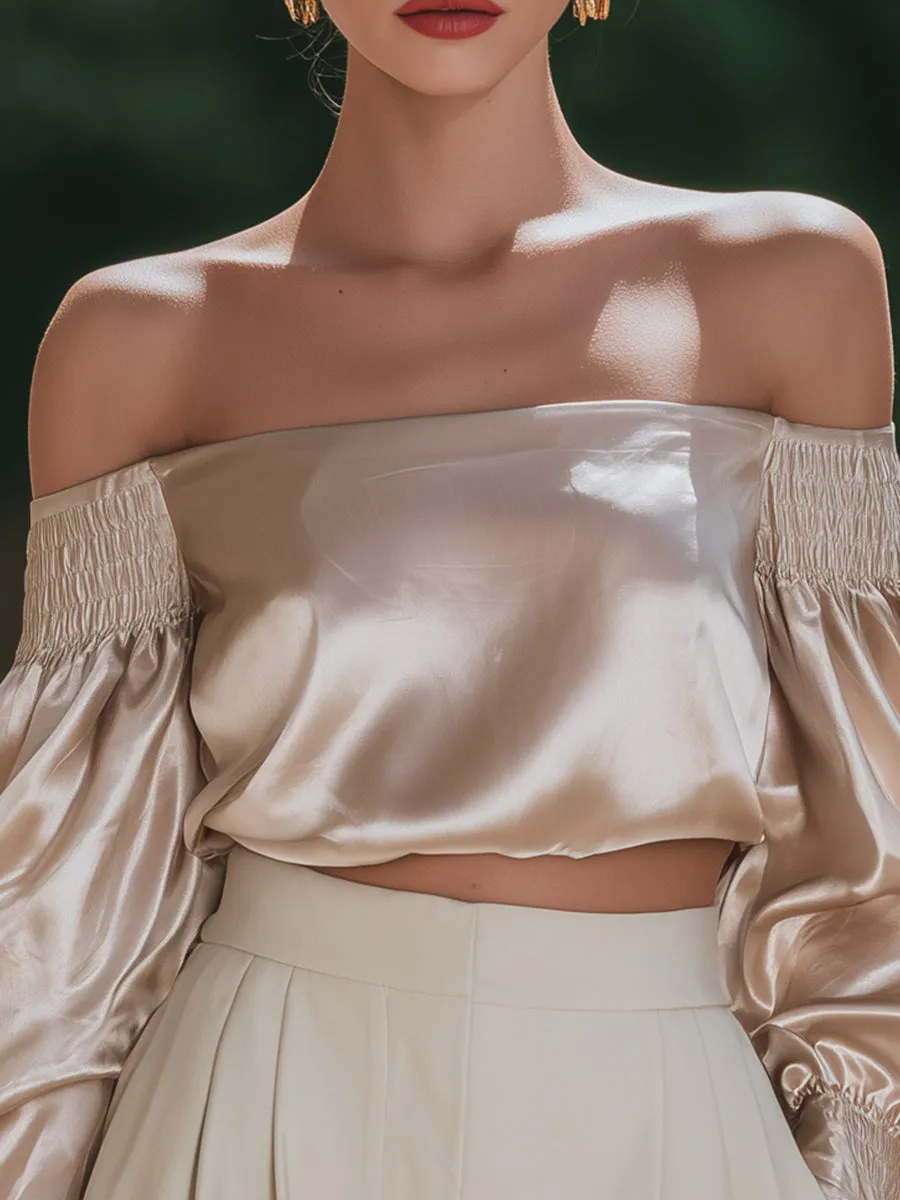 Silk-Feel Off-Shoulder Blouse With Smocked Sleeves sold by Mooyius product image thumbnail 3
