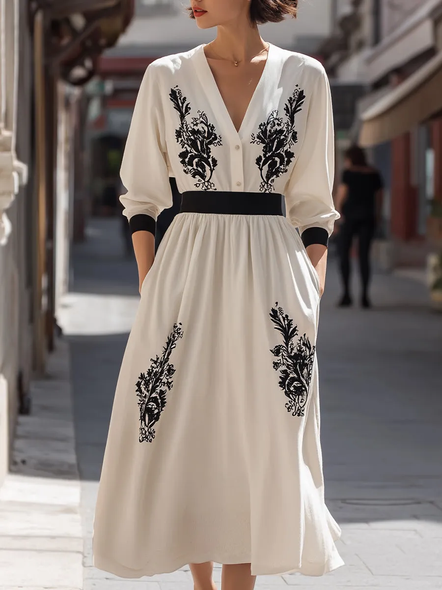 Embroidered Waist-Defined Midi Dress sold by Mooyius