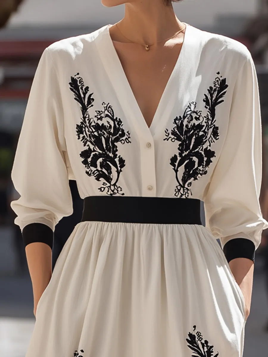 Embroidered Waist-Defined Midi Dress sold by Mooyius product image thumbnail 3