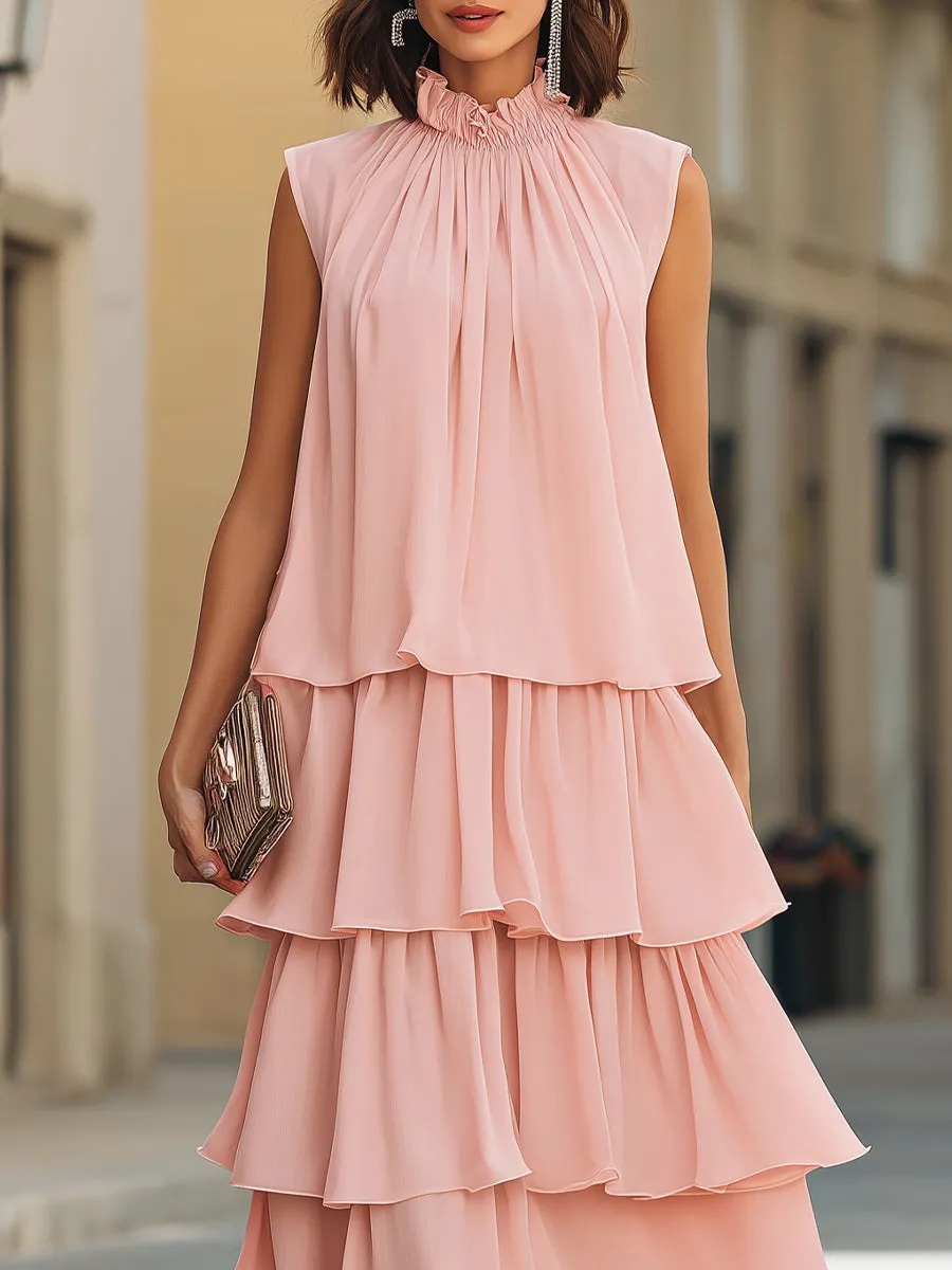 Sleeveless Tiered Ruffle High-Neck Midi Dress sold by Mooyius product image thumbnail 3