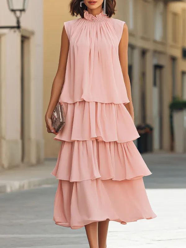 Sleeveless Tiered Ruffle High-Neck Midi Dress made by Mooyius