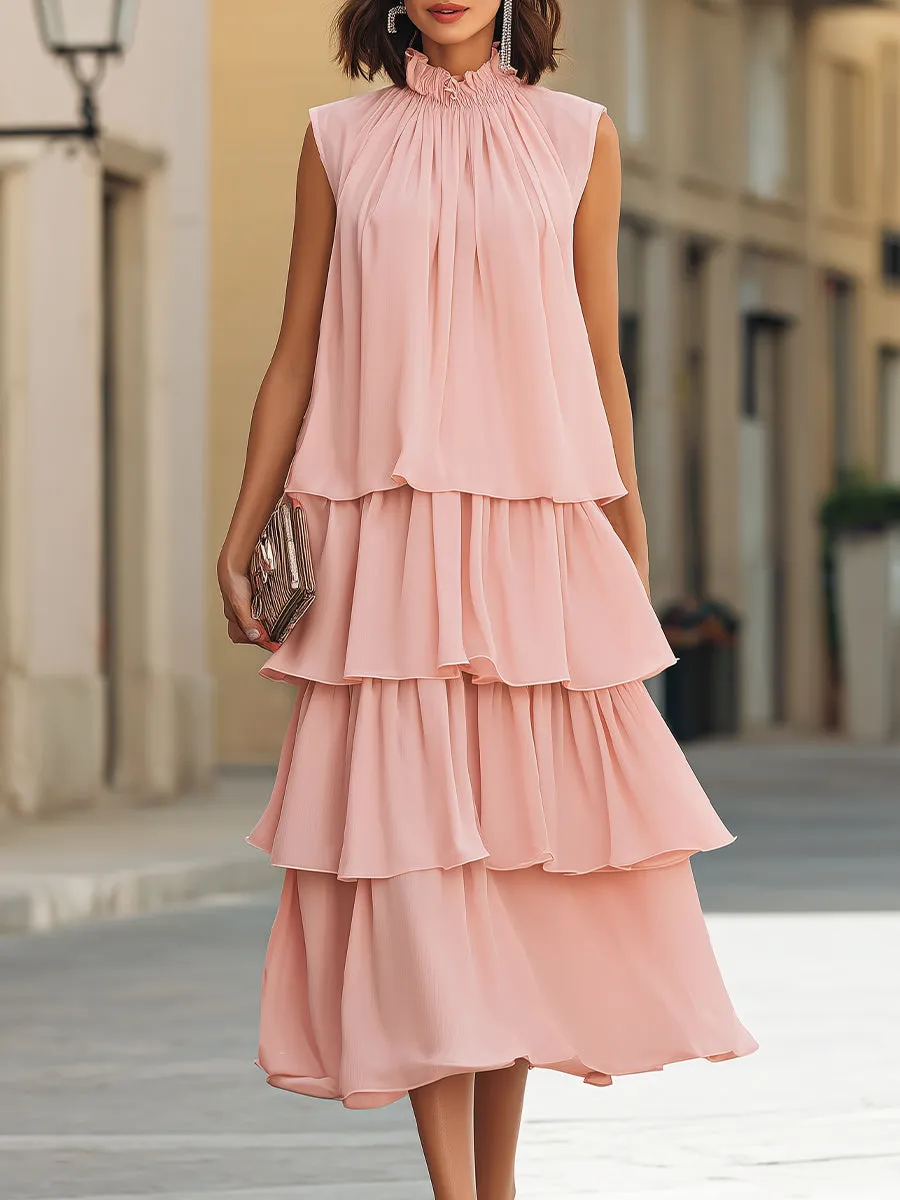 Sleeveless Tiered Ruffle High-Neck Midi Dress sold by Mooyius