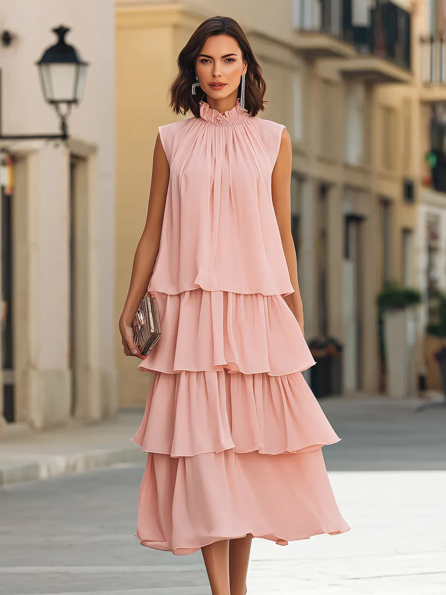 Sleeveless Tiered Ruffle High-Neck Midi Dress sold by Mooyius product image thumbnail 2