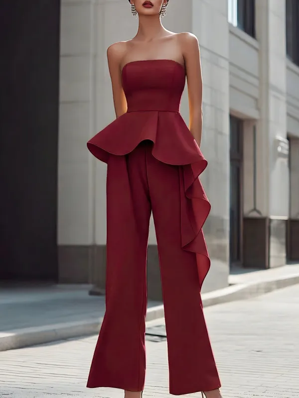 Strapless Sculpted Peplum Wide-Leg Jumpsuit made by Mooyius