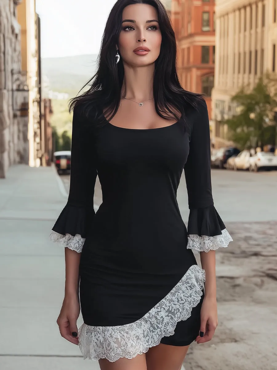 Square Neck Flared Sleeves Lace-Trimmed Mini Dress sold by Mooyius product image thumbnail 2