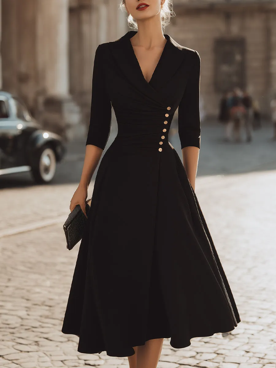 Wrap-Style V-Neck Midi Dress With Decorative Button Detail sold by Mooyius