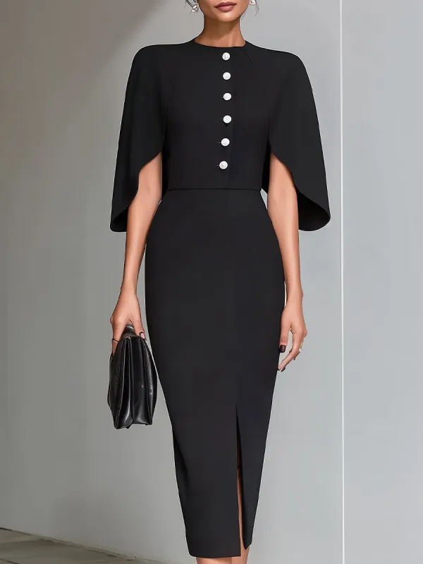 Black Cape-Sleeve Midi Sheath Dress made by Something Navy
