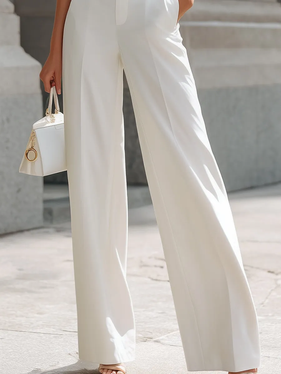 White Sleeveless V-Neck Crop Top & Wide-Leg Pants Set sold by Mooyius product image thumbnail 3