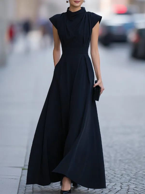 Draped Cap-Sleeve Maxi Dress With Defined Waist made by Mooyius