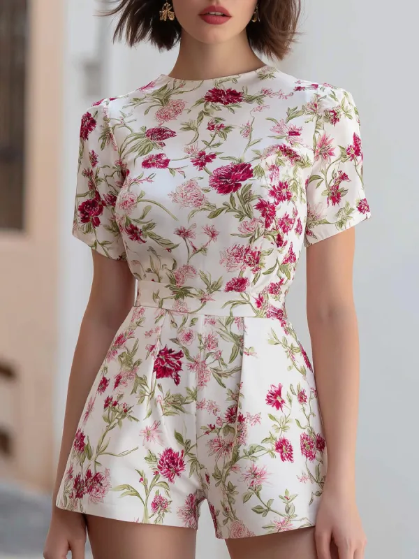 Floral Short-Sleeve Round Neckline Romper sold by Mooyius