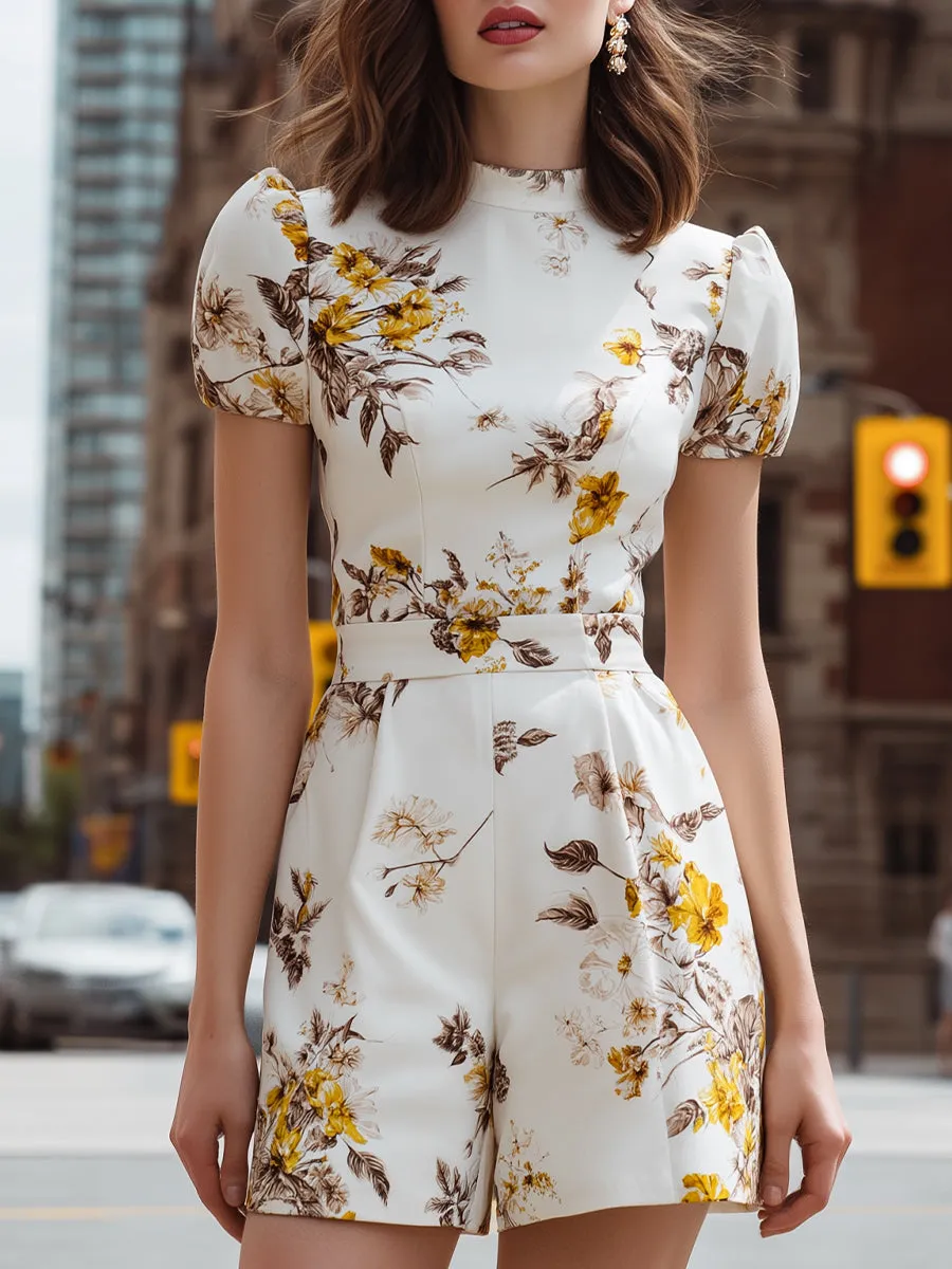 Floral Short Puff-Sleeve Tailored Romper sold by Mooyius
