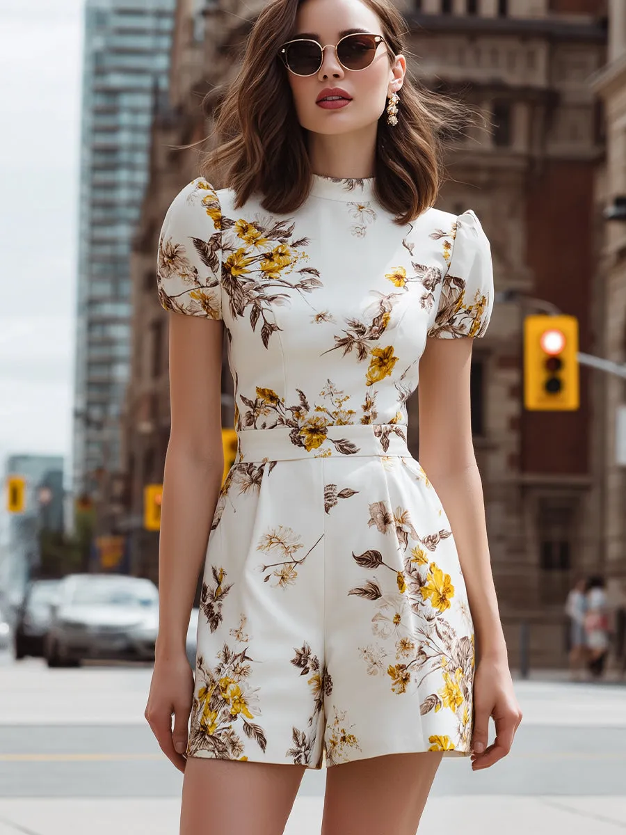 Floral Short Puff-Sleeve Tailored Romper sold by Mooyius product image thumbnail 2