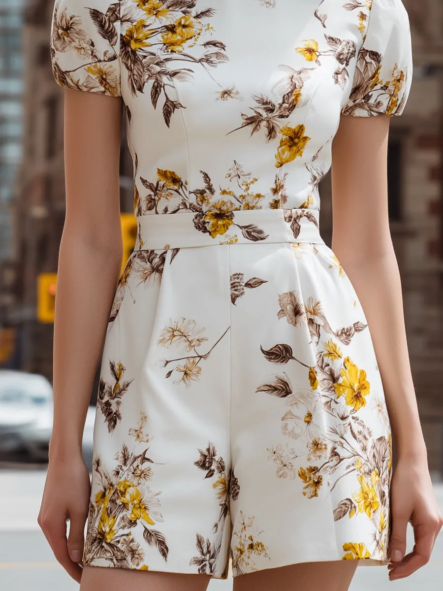 Floral Short Puff-Sleeve Tailored Romper sold by Mooyius product image thumbnail 4