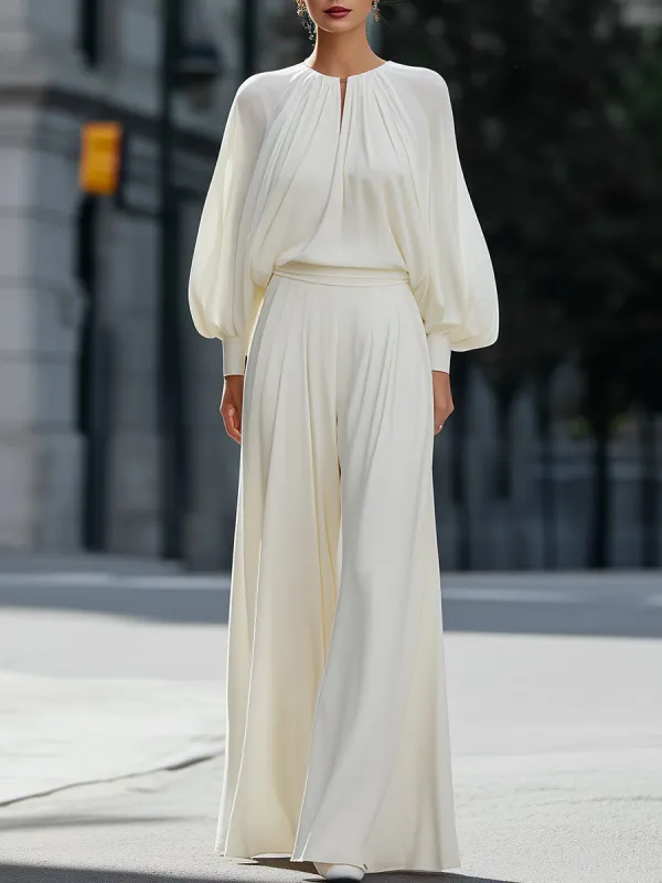 Pleated Chiffon Blouse & Wide-Leg Pants Set sold by Mooyius