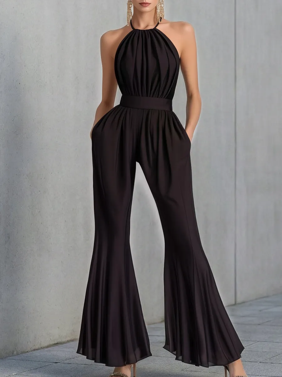 Halter Neck Draped Flared-Leg Jumpsuit sold by Mooyius
