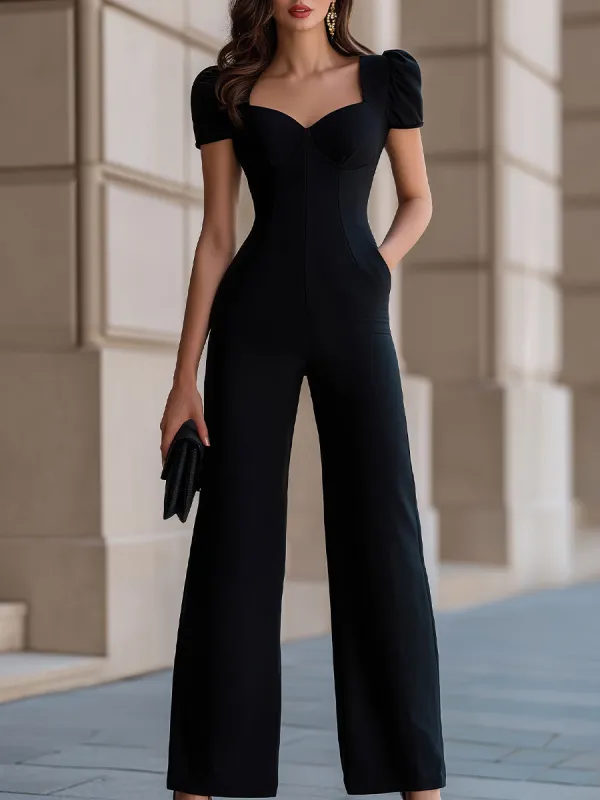 Glamorous Black Sweetheart Neck Puff Sleeve Wide-Leg Jumpsuit made by Something Navy