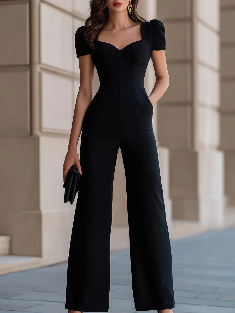 Glamorous Black Sweetheart Neck Puff Sleeve Wide-Leg Jumpsuit sold by Mooyius