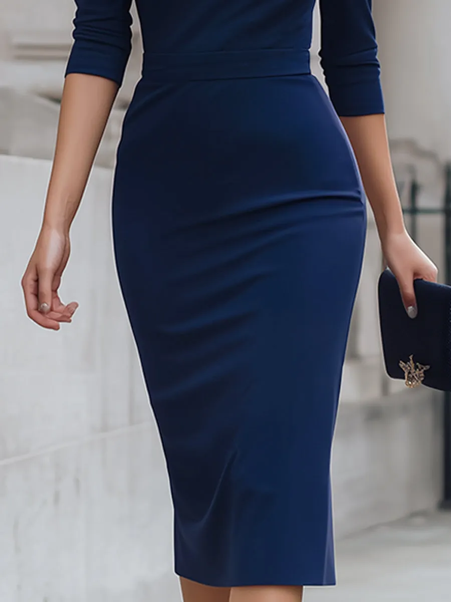 Elegant Navy One-Shoulder Cutout Midi Sheath Dress sold by Mooyius product image thumbnail 4