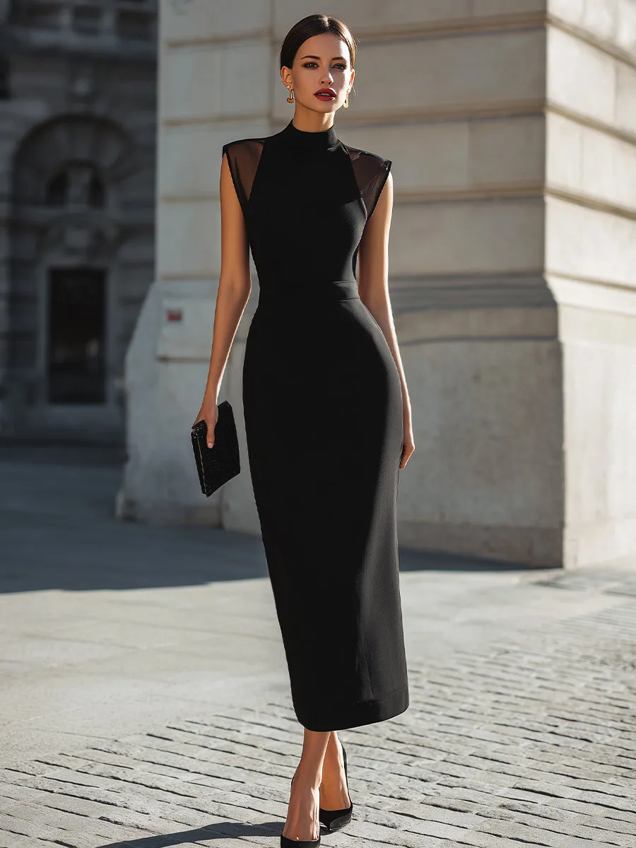 Structured High-Neck Midi Dress With Sheer Shoulder Panels sold by Mooyius product image thumbnail 2