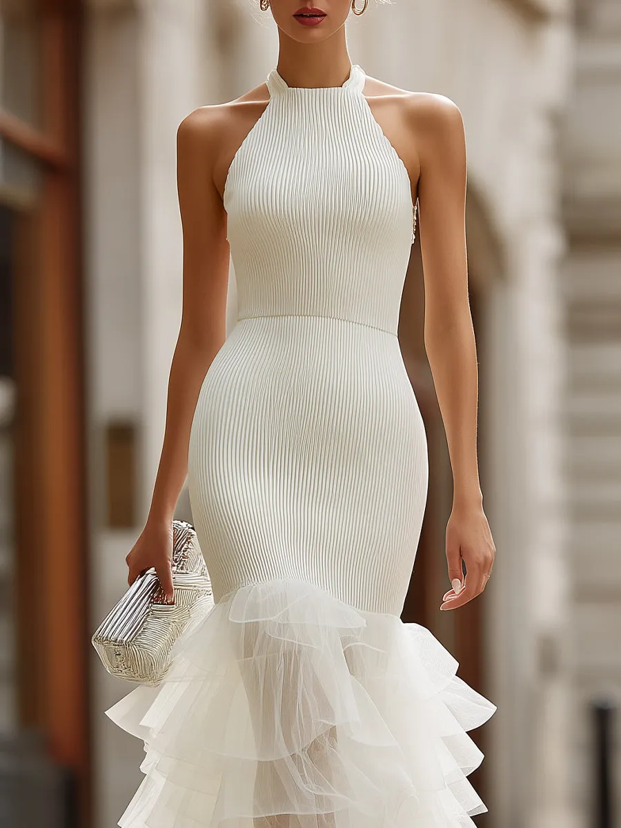 Alter Neck Pleated Midi Dress With Layered Ruffle Hem sold by Mooyius product image thumbnail 3