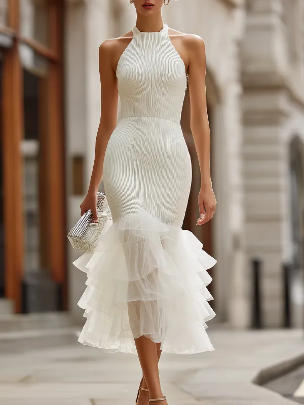 Alter Neck Pleated Midi Dress With Layered Ruffle Hem made by Mooyius