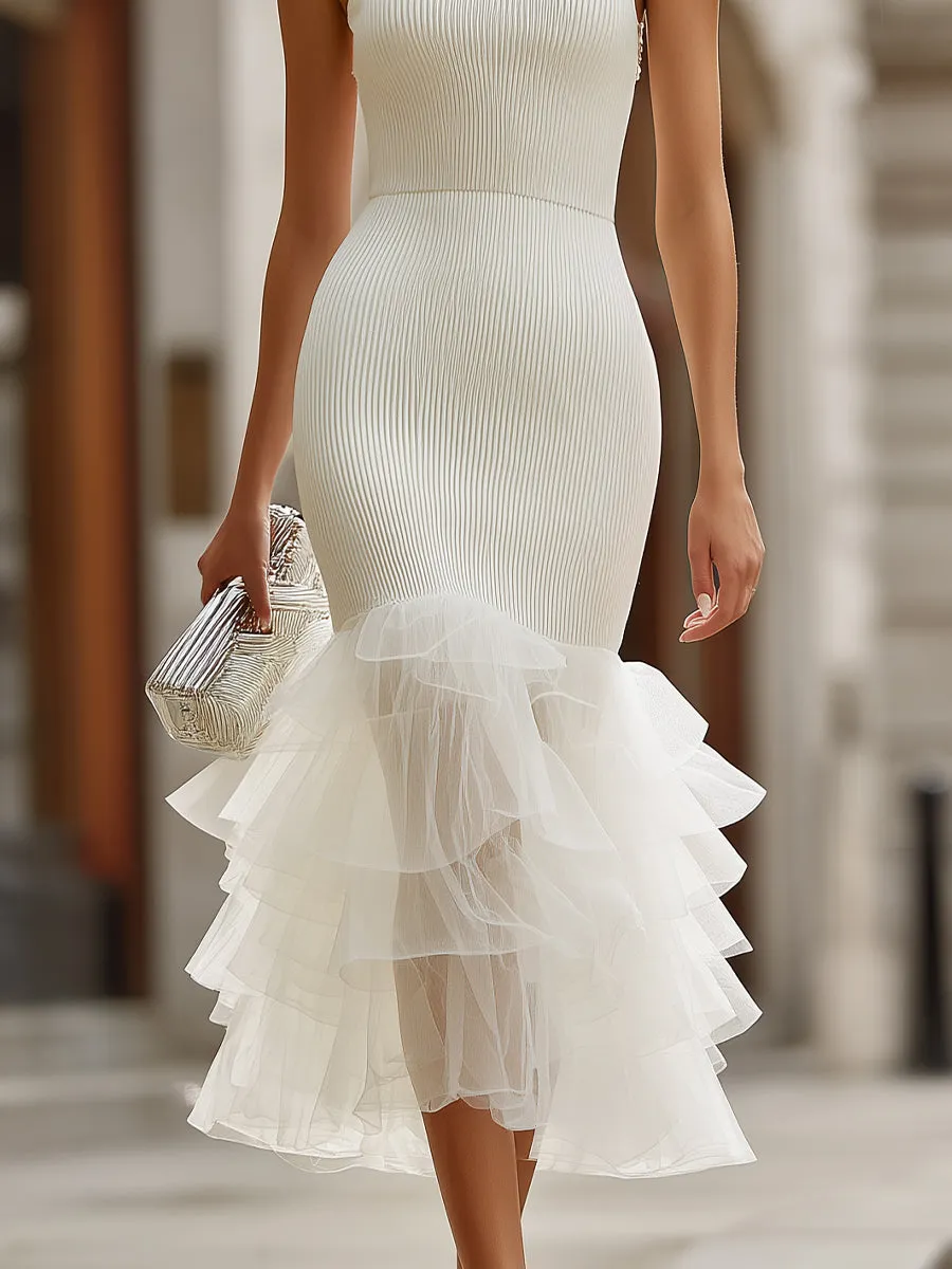 Alter Neck Pleated Midi Dress With Layered Ruffle Hem sold by Mooyius product image thumbnail 4