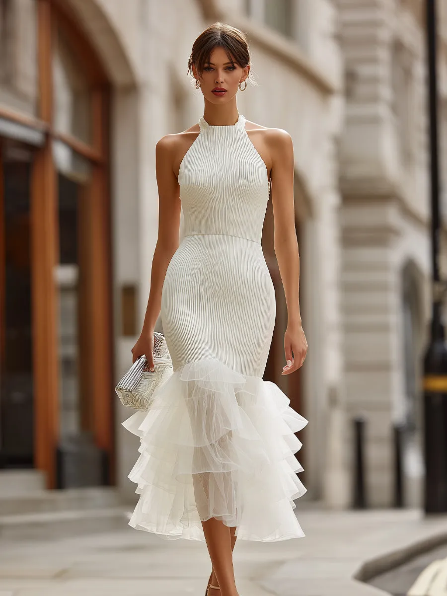 Alter Neck Pleated Midi Dress With Layered Ruffle Hem sold by Mooyius product image thumbnail 2
