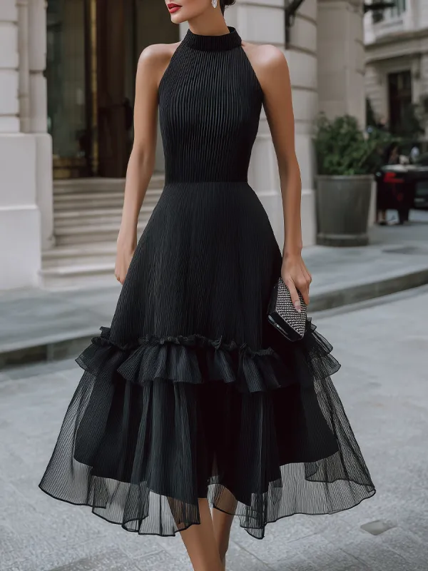 Alter Neck Pleated Midi Dress With Tiered Ruffle Hem made by Mooyius