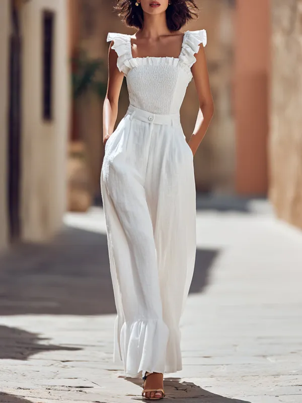 Smocked Ruffle-Trim Bodice & High-Waist Wide-Leg Linen Trousers Set made by Mooyius