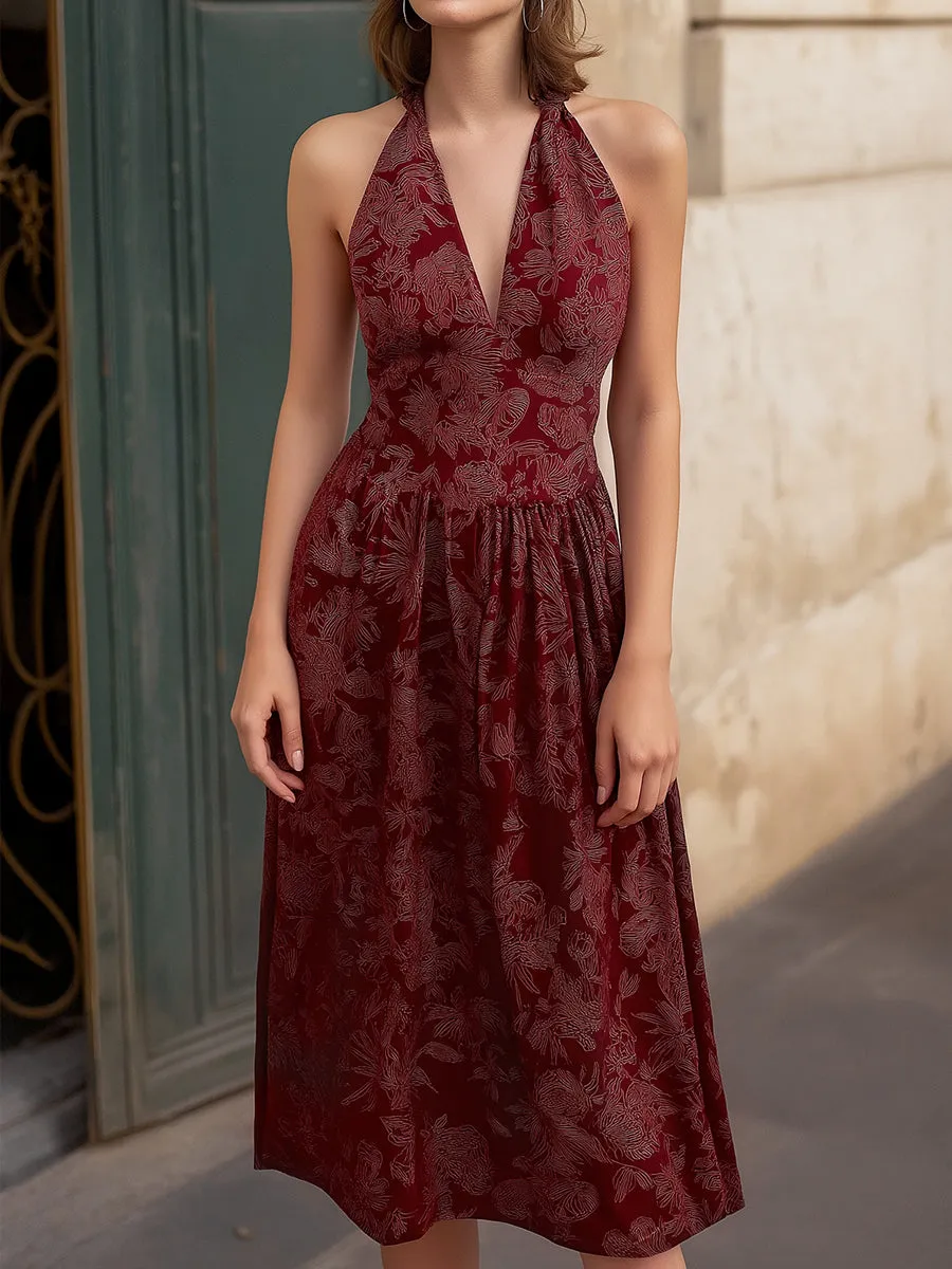 Halter V-Neck Printed Midi Dress sold by Mooyius