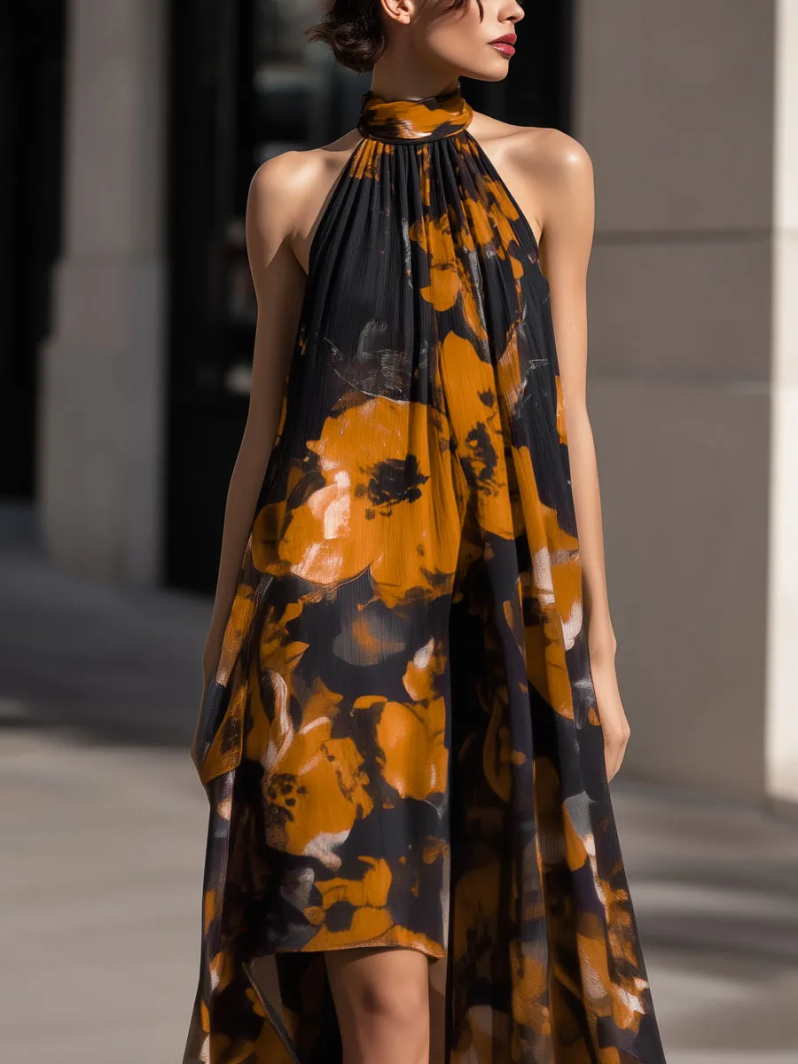 Halter-Neck Abstract Floral Chiffon High-Low Dress sold by Mooyius product image thumbnail 2