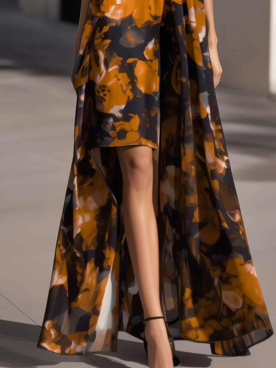 Halter-Neck Abstract Floral Chiffon High-Low Dress sold by Mooyius product image thumbnail 3
