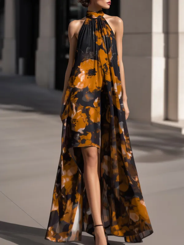 Halter-Neck Abstract Floral Chiffon High-Low Dress made by Mooyius