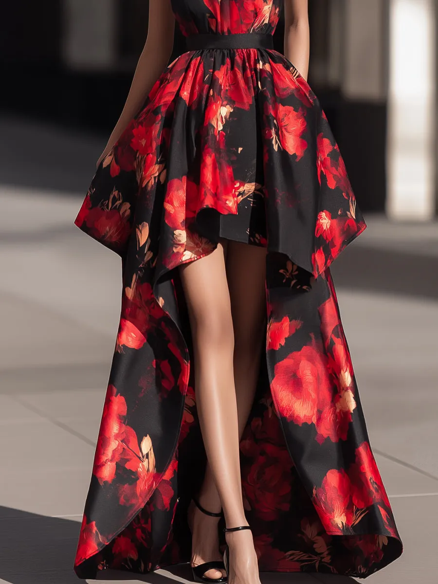 Halter-Neck Satin Floral High-Low Dress sold by Mooyius product image thumbnail 4