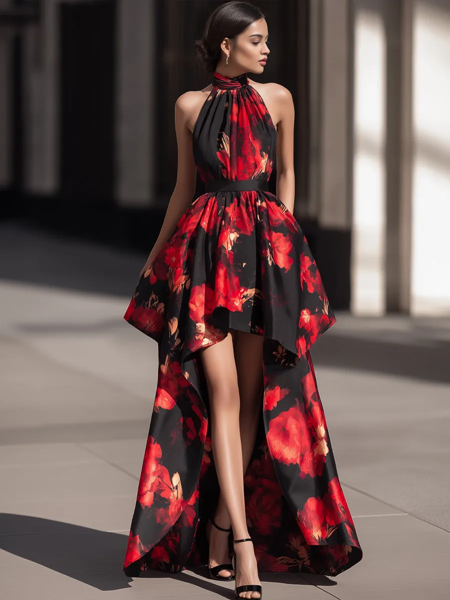 Halter-Neck Satin Floral High-Low Dress sold by Mooyius product image thumbnail 2