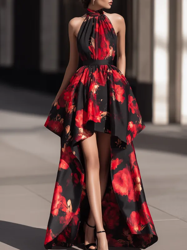 Halter-Neck Satin Floral High-Low Dress made by Mooyius