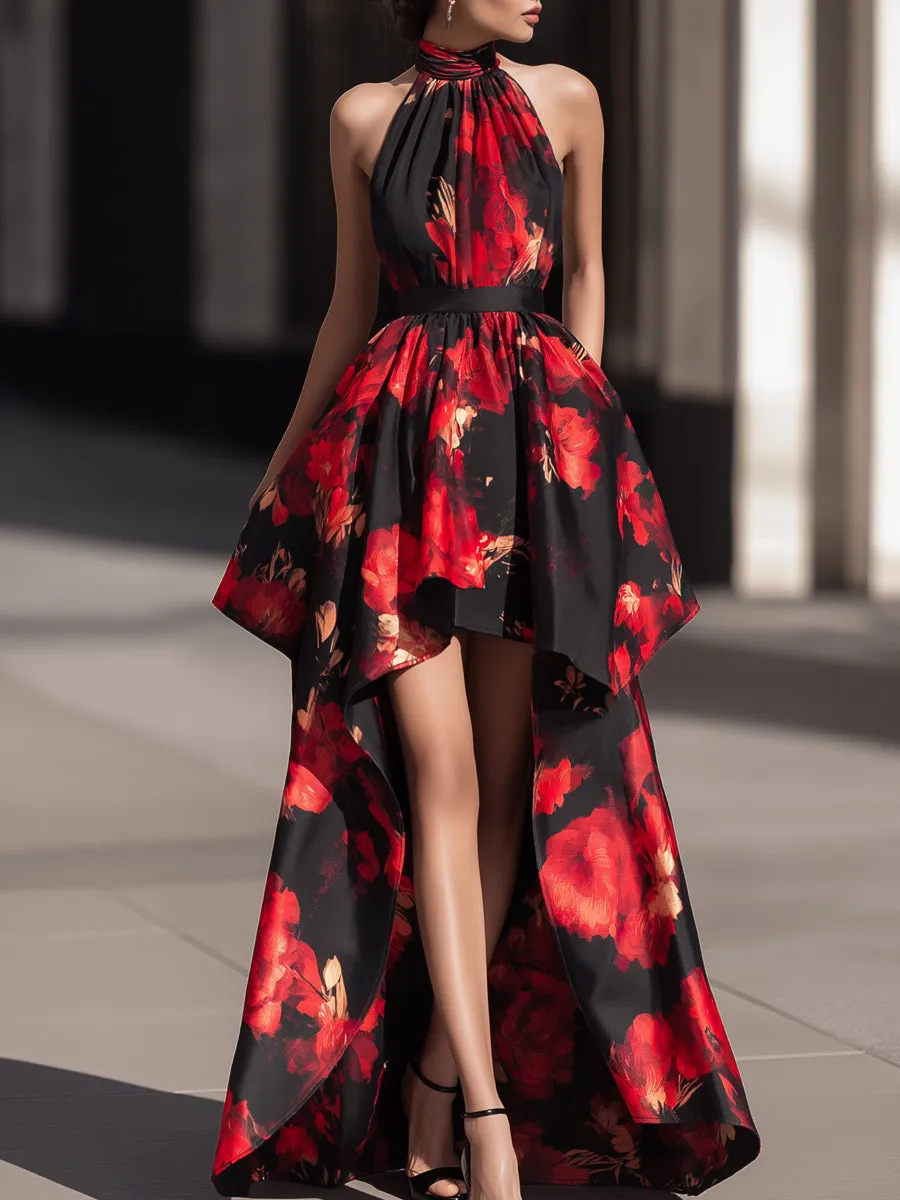 Halter-Neck Satin Floral High-Low Dress sold by Mooyius