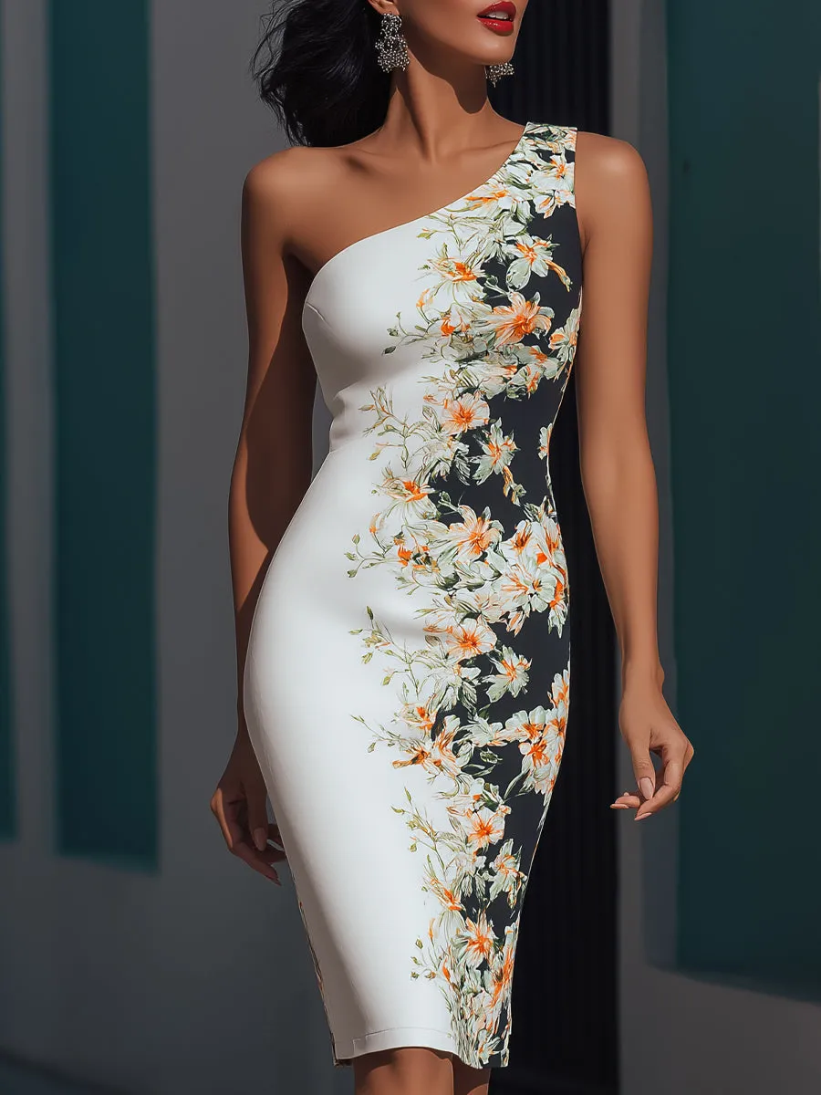 Tailored One-Shoulder Satin Floral Sheath Dress sold by Mooyius