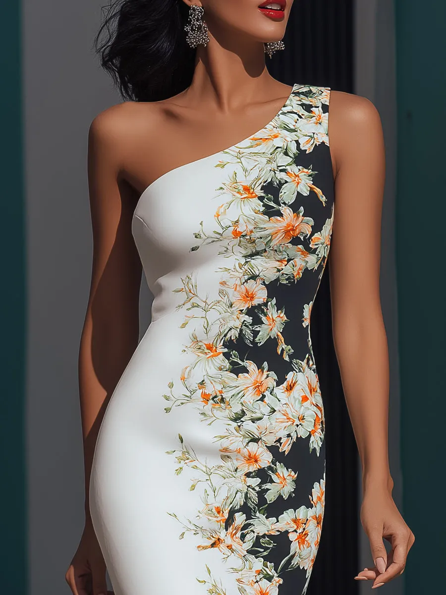 Tailored One-Shoulder Satin Floral Sheath Dress sold by Mooyius product image thumbnail 3