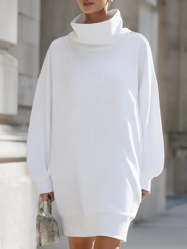 Minimalist White Oversized Turtleneck Sweatshirt Dress sold by Mooyius