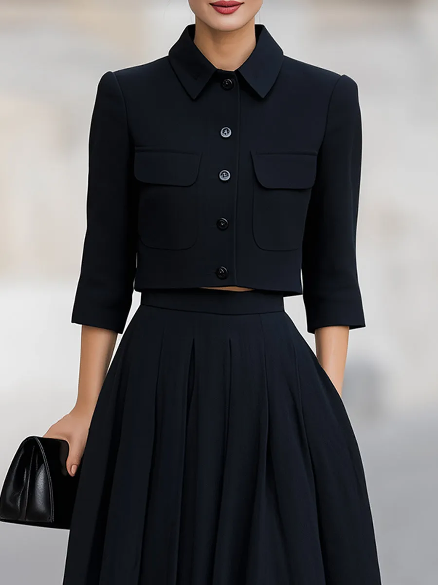 Timeless Black Cropped Blazer & Pleated Midi Skirt Two-Piece Set sold by Mooyius product image thumbnail 2