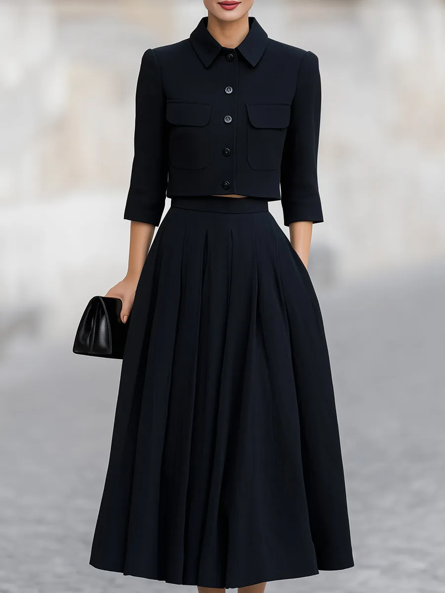 Timeless Black Cropped Blazer & Pleated Midi Skirt Two-Piece Set sold by Mooyius
